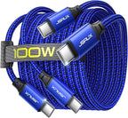 JSAUX 100W USB C to USB C Cable [2-Pack 10FT], Type C Fast Charging Cord for iPhone Air/iPhone 17/iPhone 17 Pro/iPhone 17 Pro Max, iPhone 16/15 Series, Galaxy S/Note Series, MacBook, iPad - Blue