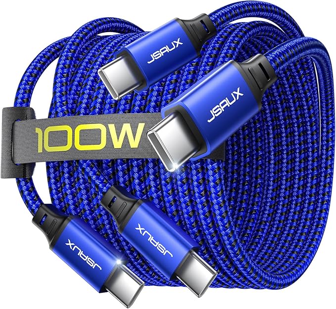JSAUX 100W USB C to USB C Cable [2-Pack 3.3FT], Type C Fast Charging Cord for iPhone Air/iPhone 17/iPhone 17 Pro/iPhone 17 Pro Max, iPhone 16/15 Series, Galaxy S/Note Series, MacBook, iPad - Blue