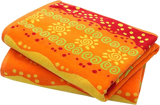 COTTON CRAFT Oversized Beach Towel - 2 Pack 35x70 XL Towels - 100% Cotton Big & Huge Pool Bath Towel - Plush Terry Jacquard Velour 450 GSM Super Soft Absorbent Luxury - Sunshine Orange Yellow