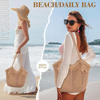 Pleneal Crochet Beach Bag, Summer Woven Tote Bag with Lining, Soft Purse Shoulder Bags for Vacation