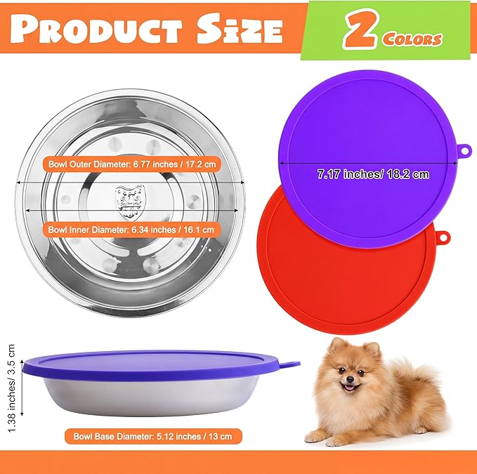 Patelai 4 Pcs Stainless Steel Dog Bowls with Silicone Lids Portable Food and Water Dishes for Pets Sealable Containers for 6.3" for Cats & Small Dogs (Red,Purple)