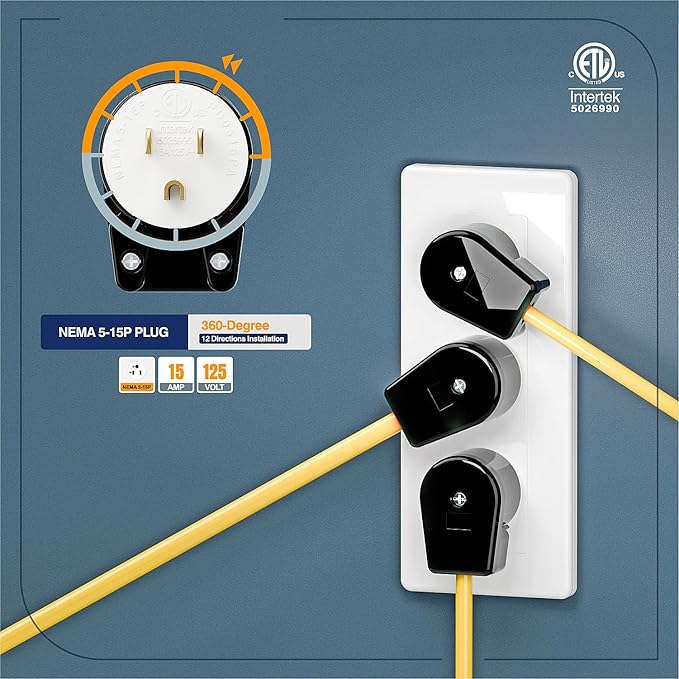 (3PACK) ETL Listed 90 Degree USA Canada Male Plug Nema 5-15P 3 Pole Angle DIY, 15A 125V USA 3Pin Right Angle AC Plug, Nema 5-15P Angled Rewireable