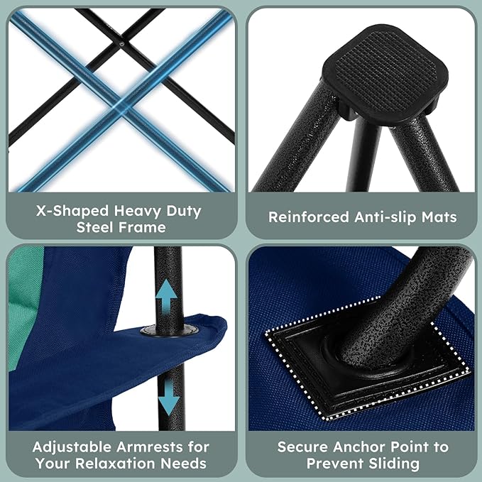 Colegence Heavy Duty Camping Chair for Adults, Oversized Heavy People Foldable Outside Camp Chairs Carry Bag Included, with Cooler Bag Cup Holder, Side Pocket for Lawn,Sport,Outdoor,Dark Blue