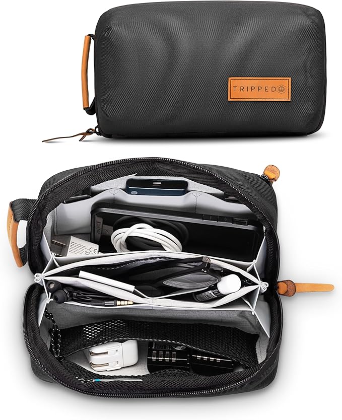 Tech Bag Organizer - Small Electronics Organizer Pouch for Travel - Premium Travel Case with Leather Accents - Mesh Pocket for Cables, Cords and Chargers (Black)