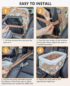 BurgeonNest Dog Carseat for Small Dog, Center Console Pet Booster Seats with Metal Frame, Upgraded Pet Carseat with Double Protection Seat Belts, Washable Cushion, Safety Leash and Storage Pocket
