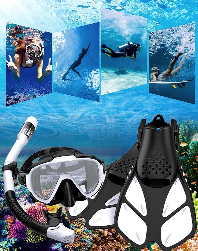 Ubekezele Snorkeling Gear for Adults Men Women,4 in 1 Snorkel Set with Panoramic View Diving Mask Anti-Fog Anti-Leak,Dry Top Snorkel,Fins and Travel Bag for Swimming,Snorkeling and Travel Diving
