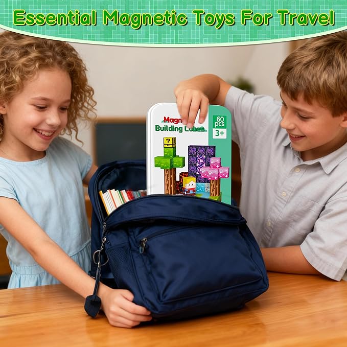 Magnetic Blocks Minecraft-Style Magnetic Building Blocks Cubes - 60PCS Tin Box Travel Magnet Toys Set STEM Educational for Kids Ages 3 4 5 6 7 8 9 10 11 12 Year Old Boys Girls Gifts birthday christmas