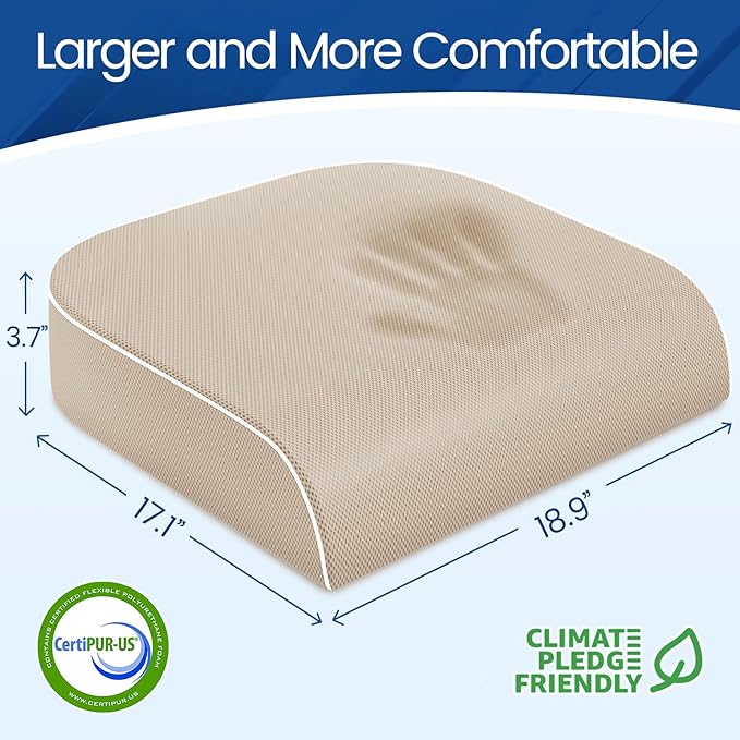 SweetSlubr Seat Cushion for Tailbone Pain Relief, Office Chair Cushion, Memory Foam Large Chair Cushion with Non-Slip Cover for Soft Support at Office Chair, Car Seat, Airplane Beige/2X-Large