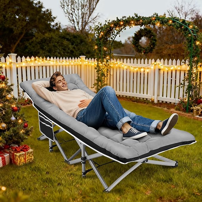 Fragess Portable Camping Cot, Sleeping Cots for Adults, 28" Extra Wide Folding Cot Max Load 600LBS with Thick Mattress, Portable Camping Bed for Outdoor Camp/Office, Home Nap (Black+Grey)