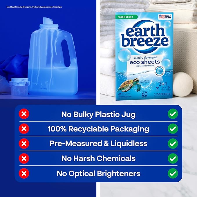Earth Breeze Laundry Detergent Sheets Fresh Scent - 60 Loads Eco Liquidless Soap - Travel-Friendly for Hot & Cold Cycles, Tackles Tough Stains & Odors - Gentle on Skin, 30 Ct