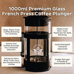 Trust Your Gut Premium Portable French Press Coffee Maker, Glass & Stainless Steel Enema Coffee Plunger, Durable and Heat-Resistant, Easy to Use, 1L Capacity