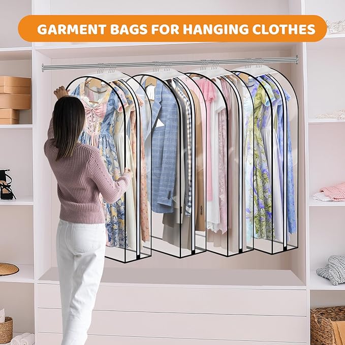 Dntorx 4 Pack Clear Garment Bags with Side Zipper, 60" Clothes Covers with 10" Gusset, Transparent Hanging Suit & Coat Covers for Closet Storage, Jackets, Dresses, Windbreakers