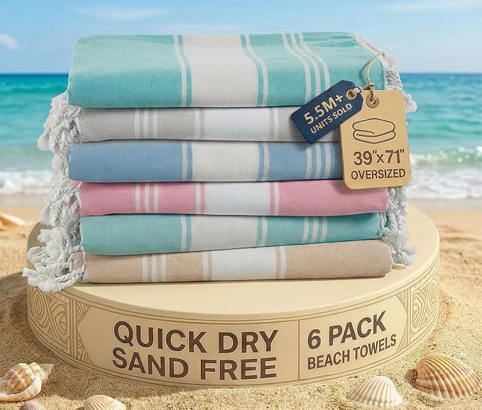LANE LINEN Turkish Beach Towels for Women, Set of 6 - Large 39"x71", Pre-Washed, No-Shrink, Sand-Free, Quick Dry, Lightweight, Soft Beach Bath Towels - Vintage Beach