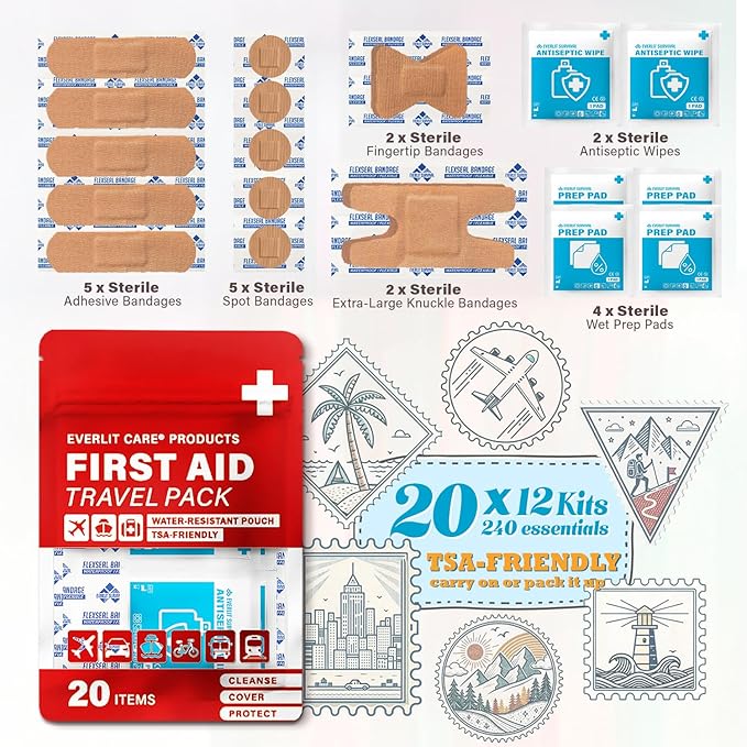 EVERLIT CARE Travel Bandage Pack | 12 Individual Packets, Bulk Portable Mini First Aid Kit with 20 On-the-Go Essentials | Compact Water-Resistant Reusable Pouch to Clean, Cover & Protect