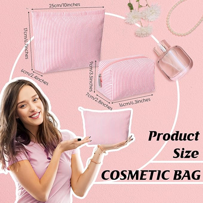 Huhumy 2 Pcs Makeup Bag Set Cute Cosmetic Pouch for Women Seersucker Travel Toiletry Bag Preppy Small Makeup Purse Pouch Aesthetic Skincare Brushes Storage Organizer for Valentine Women(Rose Pink)