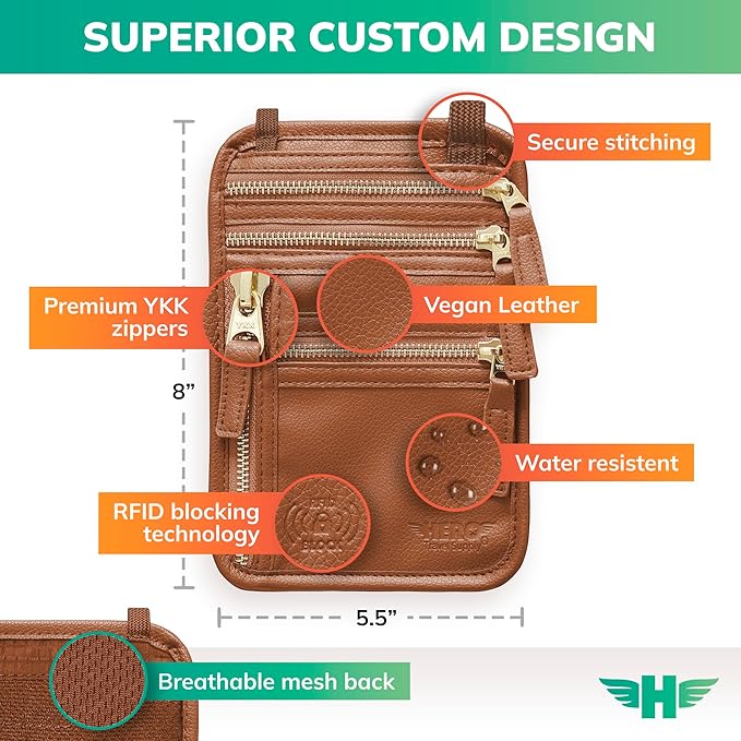 HERO Neck Wallet, RFID Blocking Vegan Leather Passport Holder Travel Pouch (Tan)