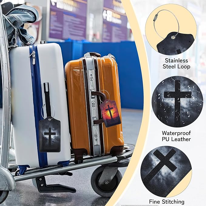 Cross Luggage Tags for Suitcase,3 Pack Luggage Tag Leather Privacy Cover ID Label with Stainless Steel Loop for Women Men