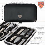 3 Swords Germany - Brand Quality 6 piece Manicure Pedicure Grooming kit Set - Scissors, Metal and Glass Nail File, Clipper, Tweezers with Synthetic Leather case - Black