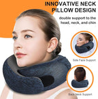Travel Pillow - Hooded Neck Pillow Airplane Memory Foam Filling for Plane, Office, Cars Sleeping, Road Trip, Long Flights, Airplane Travel Essentials, Includes Eye Mask & Earplugs (Full Blue)