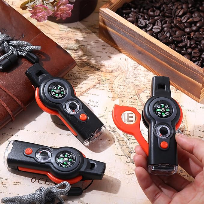 Arrowbash 12 Pack Emergency Survival Whistle 7-in-1 Compass Hiking Survival Safety Whistle with Lanyard Outdoor Multifunctional Tool Ideal for Hiking Camping Rescue Signaling