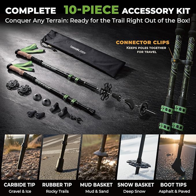 Trekology 3K Carbon Fiber Trekking Poles (210g) - Pair of Ultralight Hiking Poles with Cork Grips, Collapsible Telescopic Walking Sticks, Metal Flip-Locks & 10pc All-Terrain Accessory Kit