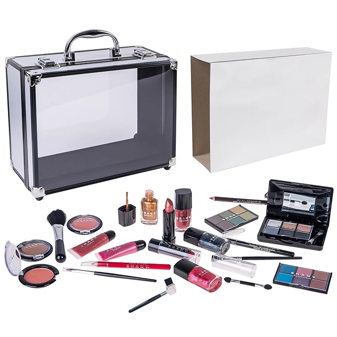 SHANY Carry All Trunk Makeup Train Case with Re-usable Aluminum Beauty Storage Organizer Case. Make up Set with Eye palettes, Blushes,Face Powders, Manicure, Pedicure and Cosmetics Brushes. GIFT SET