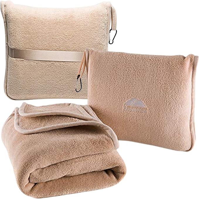 BlueHills Premium Soft Plush Travel Blanket Value Pack Set of 2 - Airplane Travel Essential Flight Blanket Throw in a case Compact Car Plane Travel Gift – Beige and Royal Blue.