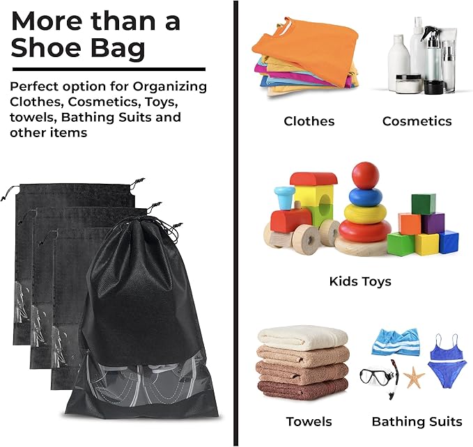 Shoe Bags for Travel, Packing, Storage, Organizing & Suitcase (12 Pack). Reusable Dustproof & Water Resistant Sneakers Pouch Protectors with Clear Window & Drawstrings. (Pink, Azure Blue, Black)