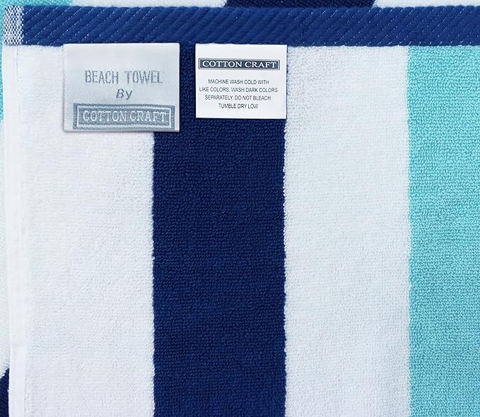 COTTON CRAFT Oversized Beach Towels - 2 Pack XXL 35x84 - The Big Kahuna 7 Foot Extra Large Beach Blanket Towel - Big & Tall - Huge 100% Cotton Velour Plush Soft Luxury Towel - Cabana Stripe Blue