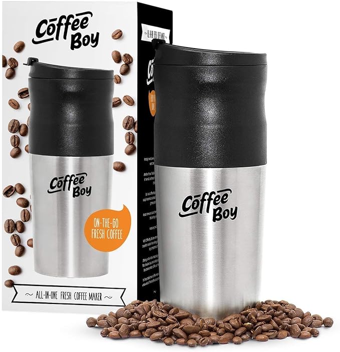 Equinox Coffee Boy All-in-One Portable Pour Over Coffee Maker, 14oz Silver Travel Mug, Compact, Manual, 12 Watts, 12 Volts, 1 Count