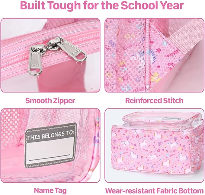 Bagseri Clear Backpack for Girls - 15 Inch Heavy Duty Kids Clear Bookbag for Kindergarten to Grade 2, Transparent School Bag with Reflective Strip, Fits Folders, Pink Unicorn
