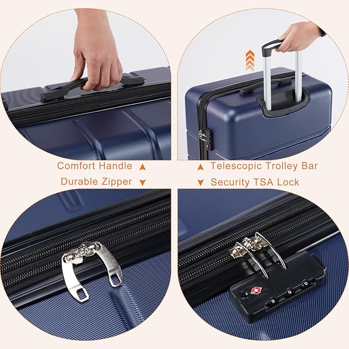 Sweetcrispy Carry on Suitcase Set, Luggage with Spinner Wheels, Hard Shell ABS, TSA Lock, Navy Blue, 3-PCS Set (20/24/28 inch)