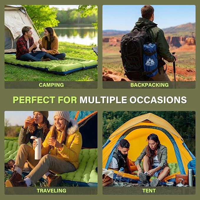 FUN PAC Camping Sleeping Pad, Ultralight Camping Mat with Pillow, Built-in Foot Pump Inflatable Sleeping Pads Compact for Camping Backpacking Hiking Traveling Tent,Single,Green