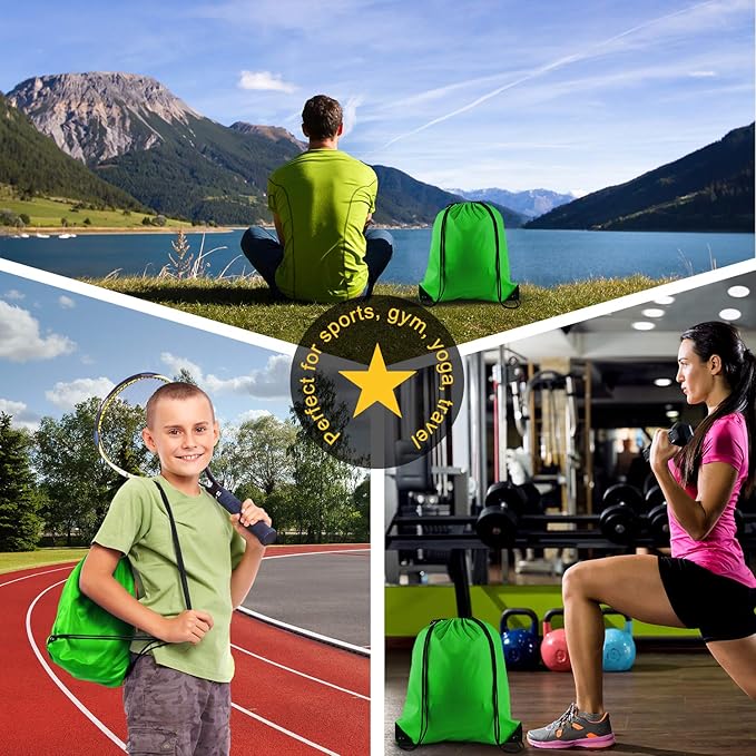 PLULON 6 Pcs Drawstring Bags Bulk Green Drawstring Backpack String Backpack Cinch Sack Sport Gym Bags for Yoga Traveling Outdoor Sports