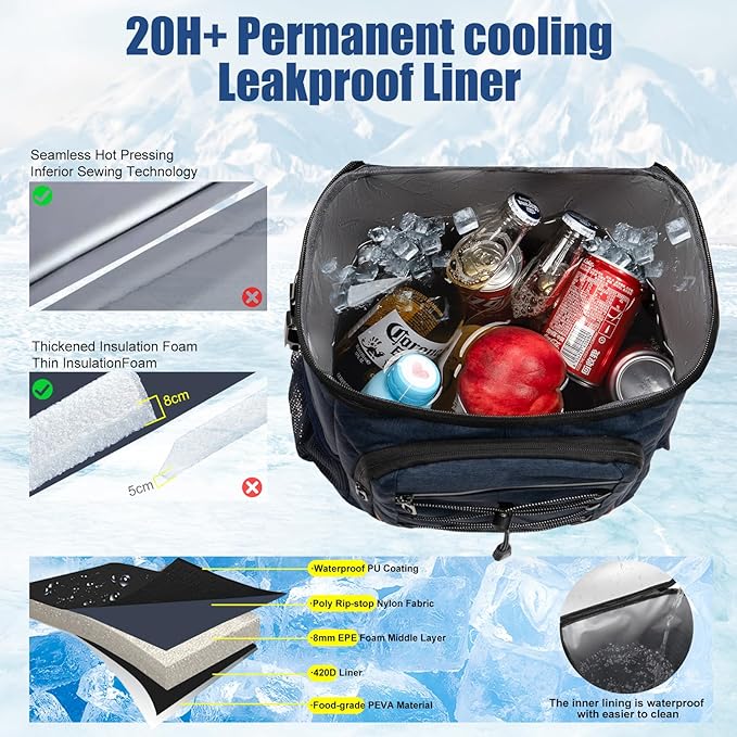 Backpack Cooler Insulated Leak Proof, Lightweight Soft Sided Cooler Backpack for Men Women, Waterproof Beach Cooler Bag Lunch Backpack for Camping Hiking Picnic Fishing Travel Outdoor
