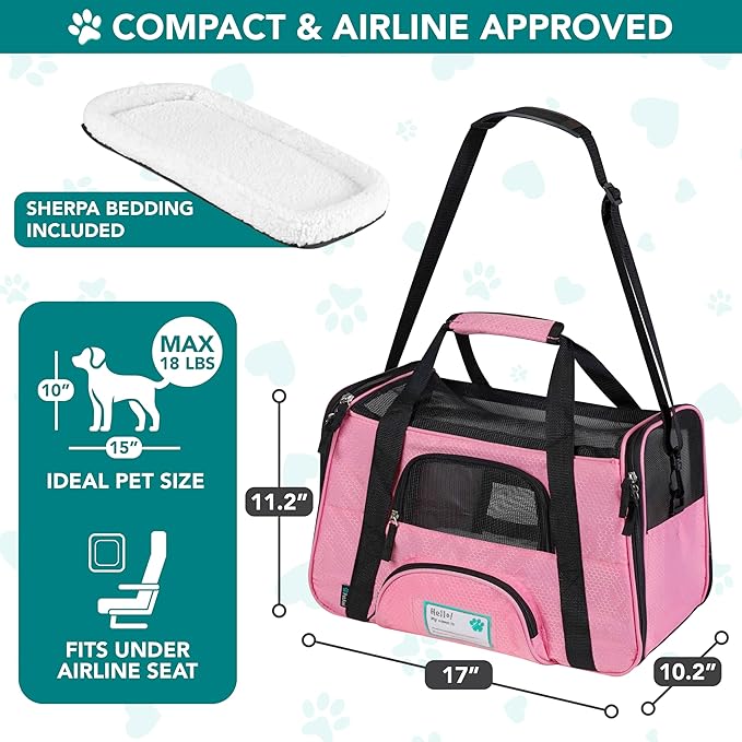 PetAmi Airline Approved Pet Carrier for Cats & Small Dogs, Soft Sided TSA Travel Carrier Bag with Sherpa Bed, Breathable Mesh Ventilation, Collapsible Bowl, Fits Under Seat, Up to 18 lbs, Small Pink
