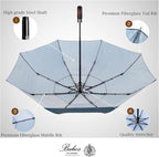 Balios Travel Folding Umbrella with Real Wood Handle Auto Open Close Vented Windproof Canopy - Designed in UK