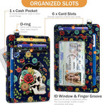 Yonlevres Skull Cat Credit Card Holder Slim Wallet, RFID Wallet Women Front Pocket Wristlet Lanyard, Small Card Holder Travel Funny Cute Thin Card Case ID Window PU Leather Card Organizer Gifts Girls