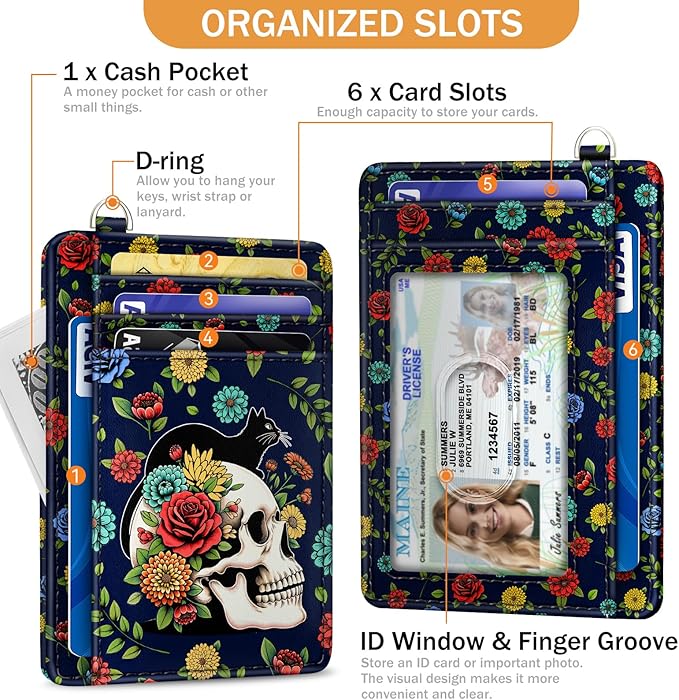 Yonlevres Cat Skull Credit Card Holder Slim Wallet, Floral Goth RFID Wallet Women Front Pocket Small Card Holder, Funny Skeleton Travel Card Case ID Window PU Leather RFID Blocking Card Organizer Gift