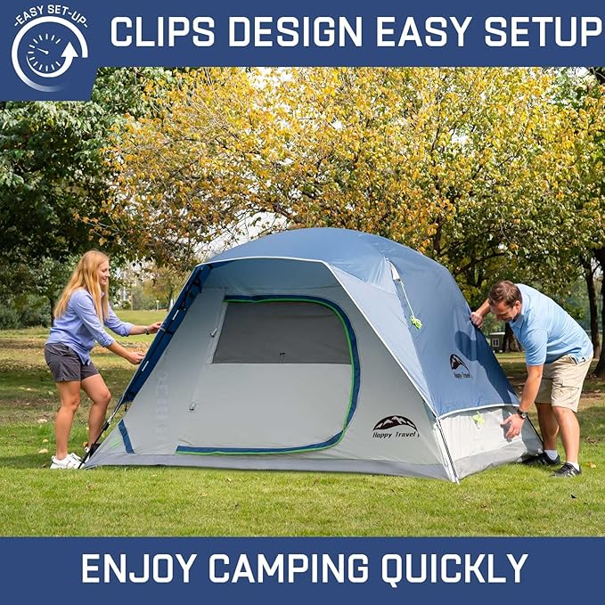 Happy Travel Camping Tent, 4 Person Dome Tents for Camping with Rainfly, Waterproof Clip Easy Setup Portable Family Tent with Mesh Windows, 20% More Headroom Backpacking Tents for Camping & Hiking