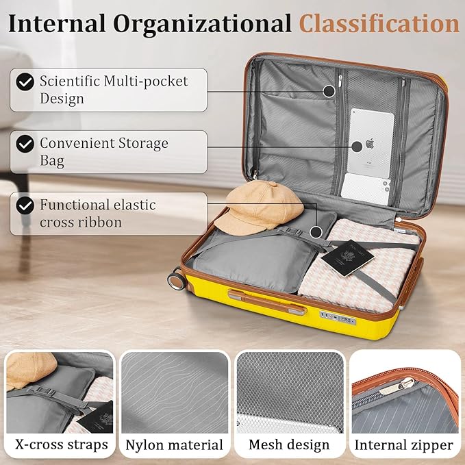 4 Piece Luggage Set, Hardside Expandable Lightweight Suitcase with 360° Mute Spinner Wheels Luggage Sets, TSA Lock, 14/20/24/28 Inch Travel Luggage for Men, Women and Girls (Yellow)