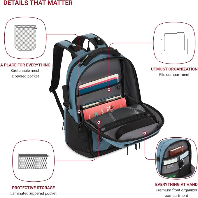 SwissGear Travel Tech Pro Laptop Backpack – Fits Laptops up to 16” – ScanSmart TSA-Friendly Backpack with Multiple Organizer Pockets – Blue
