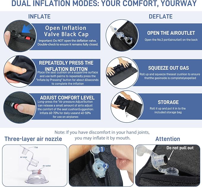 Airplane Seat Cushion for Long Flights Press-Type Inflatable Travel Seat Cushion with 3D Air Cells Portable Comfort Support Pad for Car, Office Chair & Stadium Bleachers Relieves Sitting Fatigue