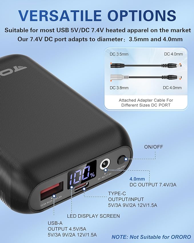7.4V/5V 2A 16000mAh Heated Vest Battery Pack Compatible with ORORO and Venustas, NORSENN, Portable Power Bank with LED Display for 𝟓𝐕 USB heated Vests Jacket Camping Chair Blanket(NOT for 12V）