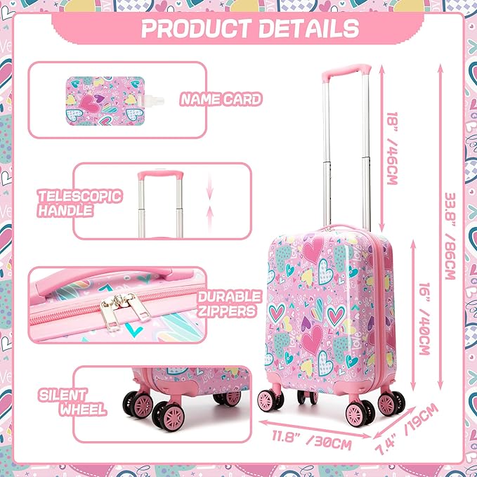 Kids Luggage with Spinner Wheels 5 Piece Carry on Suitcases for Girls Backpack with Lunch Box Pencil Case 16" Toddler Suitcase Set Airline Approved (Pink Heart)