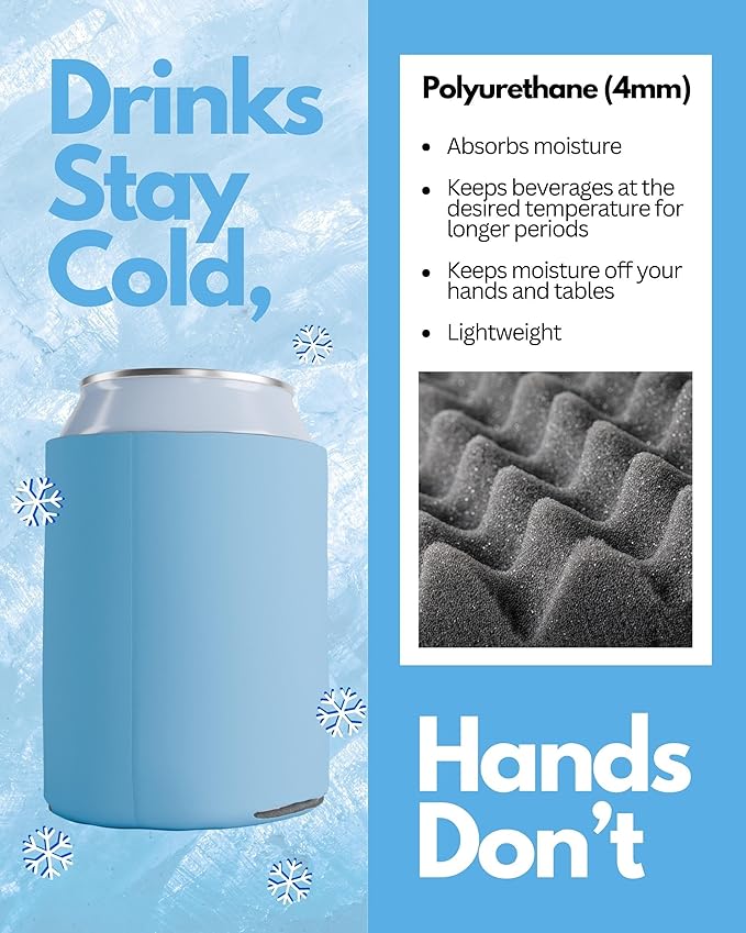 PartyPrints 25 Pack Placid Blue Blank Can Cooler Sleeves, Customizable Bulk Insulated Foam for Beer, Collapsible Plain Drink Holder, Cold Soda Insulator, 12oz Regular, 16oz Tall Cans