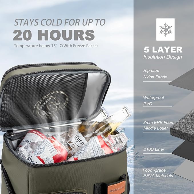 BAGPARKK Insulated Cooler Backpack,33/45 Cans Multifunctional Double Deck Leakproof Cooler Bag with Sternum Strap,Large Capacity Lightweight Travel Camping Beach Backpack