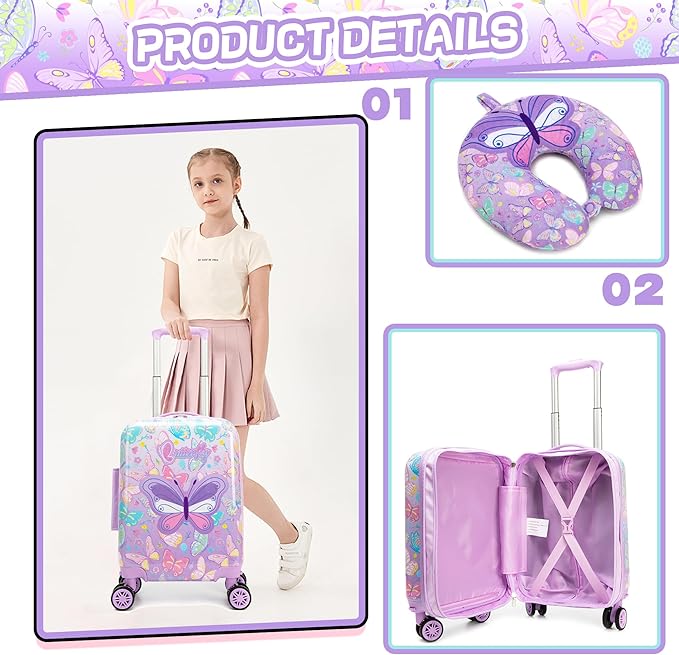 Kid’s Luggage Set 2 Piece Suitcase Set 16’’ Hardside Luggage with Spinner Wheels Girls Carry on Toddler Luggage Travel Rolling Luggage Carry on Luggage Airline Approved