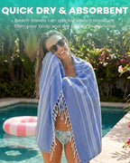 6 Pack Turkish Beach Towels Vacation Essentials with Bag Quick Dry Sand Free Soft Absorbent Adult Bath Pool Swim Long Wide Stripe Towel Cloud Linen Sandfree Mat Summer Thing Lightweight Travel Blue