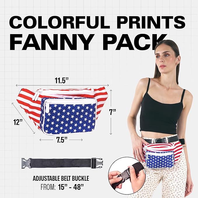 American Flag - 4th of July Fanny Pack Belt bag - Crossbody Waist Bag for Men or Women - Hands-Free, Waterproof Large Bumbag for Hiking, Running, and Travel